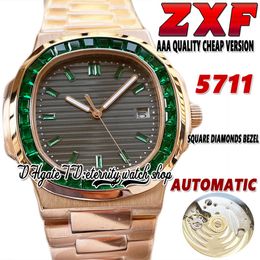 2022 ZXF 5711 Automatic Mechanical Mens Watch Emerald Iced Out T Diamond inlay Bezel Grey Texture Dial Rose Gold Case 316L Stainless Steel Bracelet Watches Eternity