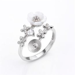 Pearl Ring Settings 925 Sterling Silver Findings Flower White Shell Zircon Pearls Mount DIY 5 Pieces