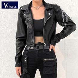 Vangull Faux Leather Jacket Cropped Women Jacket Punk Harajuku Black short Coat Woman Gothic Long Sleeve Overcoat With Chains 201226