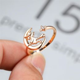 Cute Female White Crystal Adjustable Ring Classic Rose Gold Colour Moon Star Rings For Women Trendy Halloween Witch Small Ring1