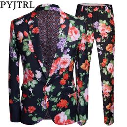 PYJTRL Men Retro Vintage Floral Print 2 Pieces Set Suits Club Bar Evening Party Stage Singer Costume Slim Fit Jacket and Pants 201105