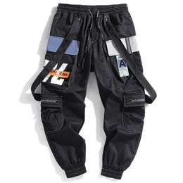 Ribbons Multi Pockets Cargo Harajuku Casual Joggers Track Streetwear Trouser Hip Hop Harem Pants Techwear Men 201217