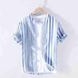 100% Pure Linen Striped Shirts For Men Short Sleeve Casual Stand Collar Hemp Shirts Man Summer Fashion Breathable Tops G0105