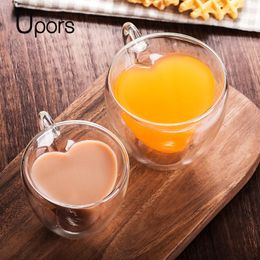 UPORS Handmade Double Wall Glass Coffee Mug Heat-Resisting Insulated Heart Shaped Tea Cup Mini Double Layer Espresso Latte Mug 201029