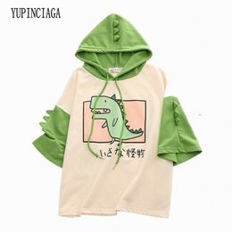 Women Dinosaur Short Sleeve Hooded Cotton T Shirt Summer With Horns Harajuku Hooded Girls Teens Green Tops Tees YUPINCIAGA T200512