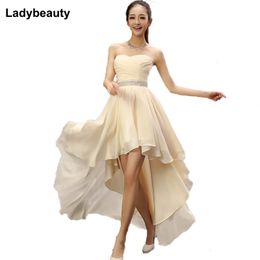 Ladybeauty Best Sale Crystal Sashes Sleeveless Pleat Chiffon Short Front Long Back Bandage Evening Dresses LJ201120