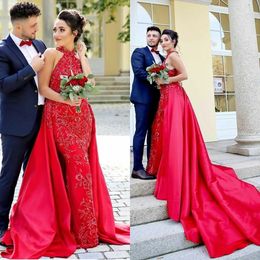 Red Prom Dresses With Detachable Train Sexy Halter Mermaid African Evening Dress Plus Size Formal Floor Length Gowns