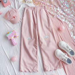 Spring Wide leg pants Girls Loose Student Cute Lace Small Rabbit patch Embroidery Elastic waist Pants Soft Sister Casual Pants 201031