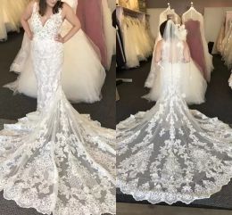 Lace Mermaid Wedding Dresses Sleeveless Bridal Gown V Neck Tulle Straps Applique Sweep Train Custom Made Plus Size Vestido De Novia 403 403