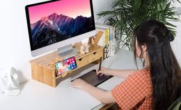 Monitor Stand Desk Storage Organizer- Arm Riser Bamboo 2 Tier Laptop Stand with Drawers, TV Printer Desktop Stand with Cellphone Holder