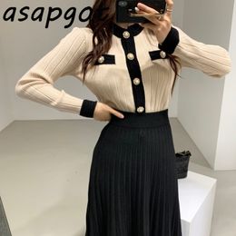 Chic French Autumn Winter New Women's Set 2 Pieces O Neck Full Slim Knitted Sweater Cardigan Coat Knitted Pleated Skirt Retro 201031