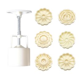 50g Hand-pressed DIY Snowy Moon Cake Mould Hand Pressure Flower Decorating Pastry Mold Round with 6 Stamps T200703