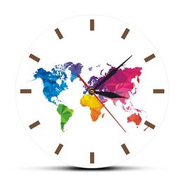 Unique Colorful World Map Wall Clock Silent Movement Modern Decorative Wall Watch Geometric Wall Art Housewarming Traveler Gift LJ201211