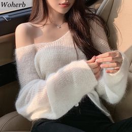 Woherb New Chic Mohair Thin Hollow Out Tops Women Capes Pullover Vintage Summer Jumper Femme Korean Crop Knitwear 201111