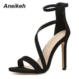 New Fashionable Sexy Design Women Style Buckle Thin High Heels Black Faux Suede Open Toe Dress Sandals Shoe Size 42