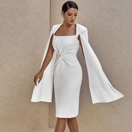 Ocstrade Runway Crepe Portrait Twist Cape Sleeve White Bodycon Dress Fall Women Sexy Bodycon Dress Club Evening Party Dress 201204