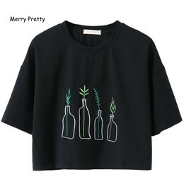 Merry Pretty Harajuku Summer Black T Shirt Women Bottle Plants Embroidery Cotton Crop Tops Short Punk Sleeve Short T-shirts Top T200512