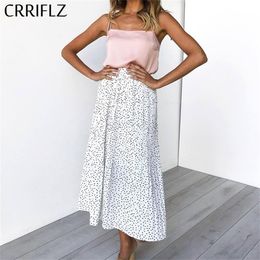 CRRIFLZ Spring Autumn Polka Dot Pleated Skirt Women High Waist Pleated Mid Calf Linen Elastic Skirt Promotions Lady LJ200819