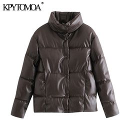 KPYTOMOA Women Fashion Thick Warm Faux Leather Padded Jacket Loose Parka Coat High Collar Long Sleeve Female Outerwear Chic Tops 201214