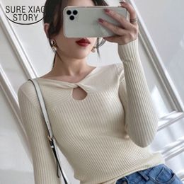 sexy wool sweaters UK - Autumn V-neck Knitted Sweater Women Sexy Slim Solid Wool Winter Office Lady Hollow Chic Korean Clothes 10806 210421