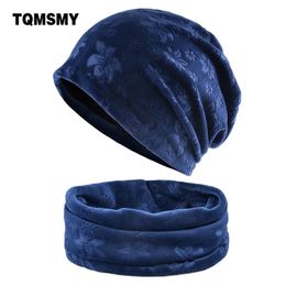 Women Winter Thick Beanies Fashion Embossing Flower Warm Hat And Scarf Sets Female Soft Bonnet Femme Skullies Cap Ladies Scarves Y201024