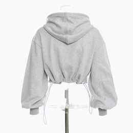 TWOTWINSTYLE Hollow Out Gray Sweatshirt For Women Hooded Collar Long Sleeve Fake Two Casual Short Tops Female Fashion Fall 201203