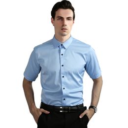 Summer Non-Iron Short Sleeve men dress shirt Elastic slim fit black button anti-wrinkle white blue social shirt male pockeless C1210