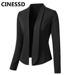 CINESSD Women Blazer Coats Solid Casual Long Sleeve Suits Turn Down Collar Navy Blue Slim Office Lady Business Suit Jackets 201114