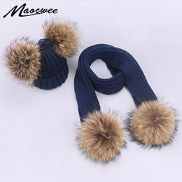 Scarf Hat Set Children Beanies PomPon Knitted Skullies Hats Pure Colour Autumn And Winter Warm Pure Colour Unisex Solid Color Y201024