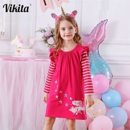 VIKITA Girls Striped Dress Kids Unicorn Dresses for Girl Clothes Toddlers Casual Cotton Dress Kids Autumn Long Sleeve Vestidos LJ200923