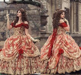 Gold Lace Red Gothic Wedding Dresses Vintage Ball Gown Formal Party Gowns 2021 Flowers Off The Shoulder Charro Quinceanera Dress For Women