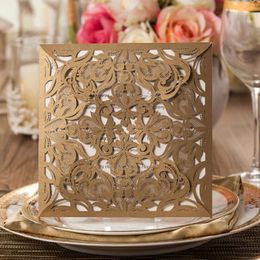 Greeting Cards Wishmade 1pcs Square Gold Laser Cut Wedding Invitations Lace Flower For Engagement Birthday Graduation Anniversary1