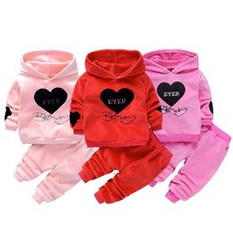 1 2 3 4 Years Winter Warm Baby Girls Clothing Set Love Letters Double-Sided Plus Velvet Suit For Kids Toddler Children Clothes 211224