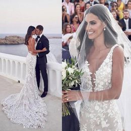 Steven Khalil Bohemian Lace Mermaid Dresses For Bride Sexy Plunging V Neck Spaghetti Straps Backless Long Wedding Gowns Boho Beach Vestidos