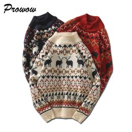 Christmas Printed Deer Sweater Fashion Men Sweater Knitwear Unisex Streetwear Jersey Pull Homme Half Turtleneck Vintage Sweater 201021