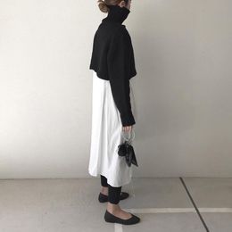 Autumn Two Piece Sets Short High Neck Knitted Sweater Tops and Solid White Long Dress Korean Elegant Women Sets Causal Suits T200702