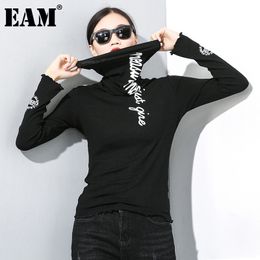 [EAM] Women Black Letter Printed Stitch Temperament T-shirt New Turtleneck Long Sleeve Fashion Tide Spring Autumn 1Z835 201125