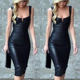Women Bodycon Leather Dress Elegant Sleeveless Sheath Party Dresses Leather Artificial Tank Mini Dresses Free Shipping1