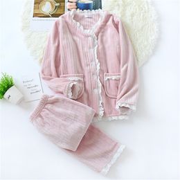 JULY'S SONG New Fashion Warm Flannel Pyjamas Set Women Winter Autumn Pyjama Lace Pink Sleepwear Thick Soft Homewear For Ladies 201217