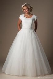 Simple Ball Gown Modest Wedding Dresses With Short Sleeves Ruched Beaded Belt Cap Sleeves Bridal Gowns Cheap New Arrival Buttons Back