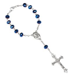 Blue Crystal Rosary Bracelet Cross Women Catholic Jewellery Gifts