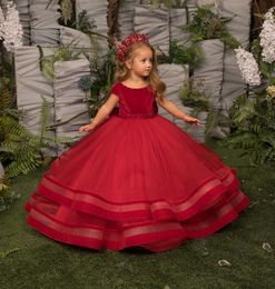 2022 Dark Red Cute Princess Girls Pageant Dresses Crystal Beads Jewel Neck Short Sleeves Tulle Tiered Floor Length Kids Wedding Flower Girls Dress Plus Size With Bow