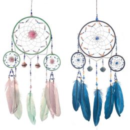 Handmade Dream Catcher with 3 Circular Ring Feather Wind Chimes Dreamcatcher Hanging Beads Pendants Wall Decorations Gift Home Decor