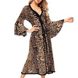 Women Sexy Bathrobe Leopard Kimono Winter Autumn Casual Sleepwear Mesh Nightwear Elegant Bathroom Spa Robe 210203