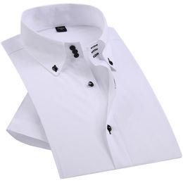 Summer Smart Casual Diamond Buttons Mens Dress Shirt White Short Sleeve Luxury High Collar Slim Fit Stylish Business Blouse 201120