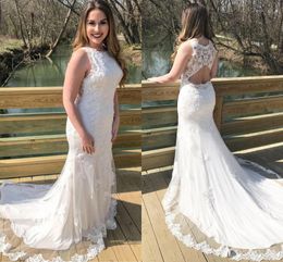 Setwell Jewel Neck Mermaid Wedding Dresses Sleeveless Backless Fully Lace Appliques Floor Length Long Train Plus Size Bridal Gowns