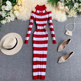 NiceMix 2020 winter new female halter hollow out long sleeve knit sheath dress women's striped waist elegant package hip knitted LJ201114