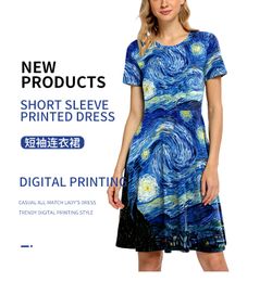 Realfine Dress B146-008 Women Casual 3D Print Waist Slim Sleeves Dresses for Woman Size S-XXL