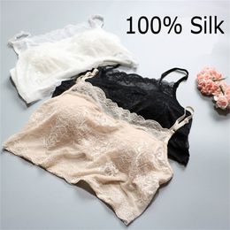 1PC 100% Silk Women's Lace Wireless Bralette Bra Removable Pads Mini Cami Half Cami SG420 201202