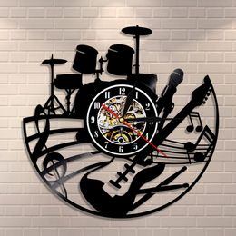 Guitar and Drum Kits Wall Clock Guitar Player Music Vinyl Record Clock Rock Music Instrument Guitar Wall Art Rock n Rock Gift 201118